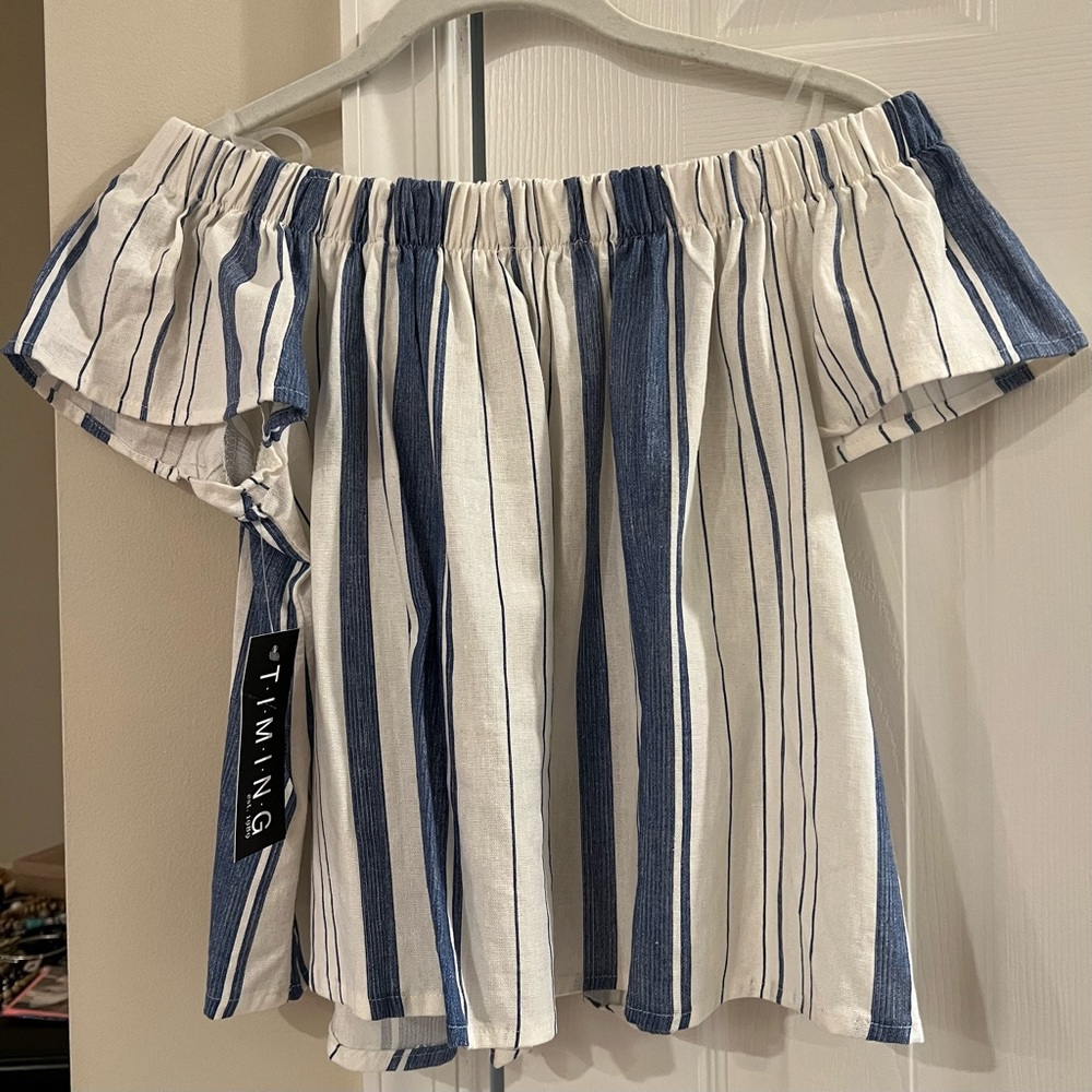 Blue and white striped off the shoulder top